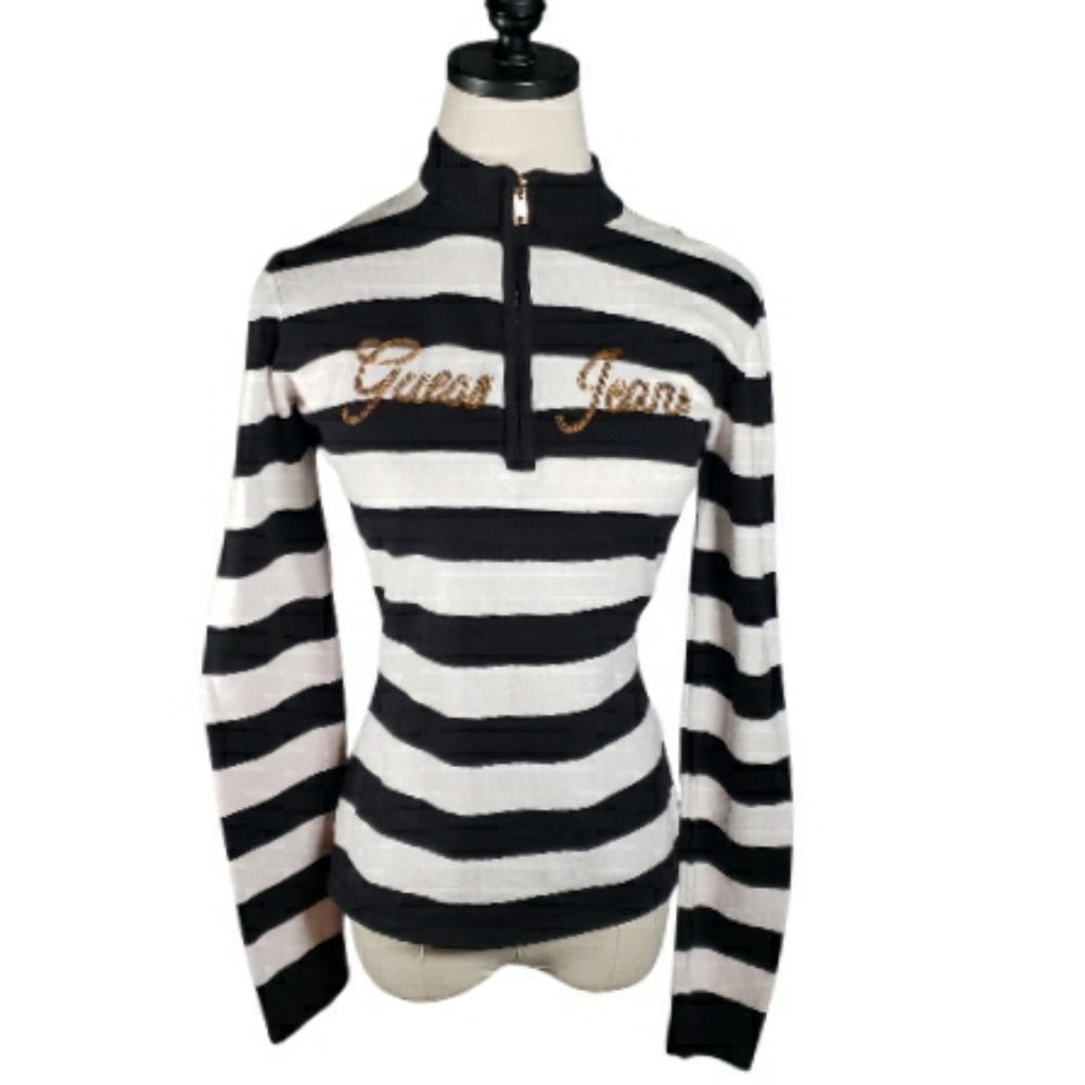 Vintage Guess Jeans Striped Sweater Top Mockneck Gold Sequin Spellout Quarter XL